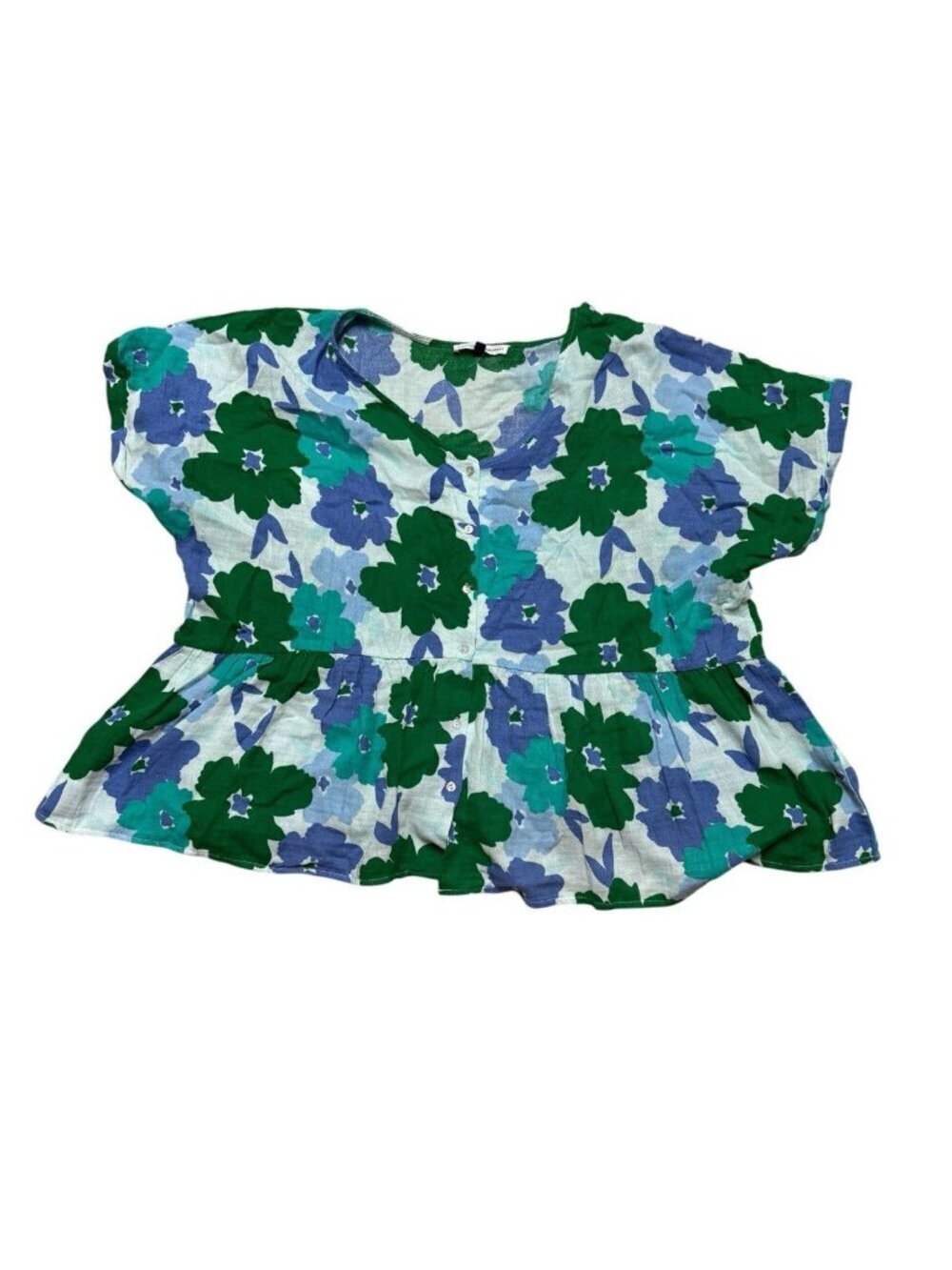 Floral Cotton Peplum Top XXL Blue Green Boho Flowy Summer Blouseseerr